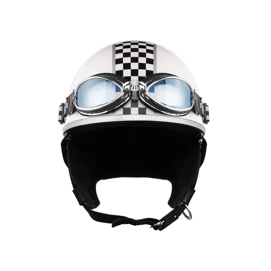 Elyra unisex vintage open face helmet glossy white with glasses